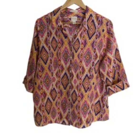 Chico's Multi Colored Linen Button Up Top 12 - Picture 1 of 5